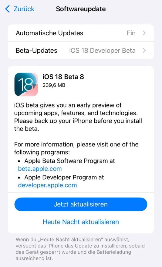 南郑苹果手机维修分享苹果 iOS / iPadOS 18 开发者预览版 Beta 8 发布 